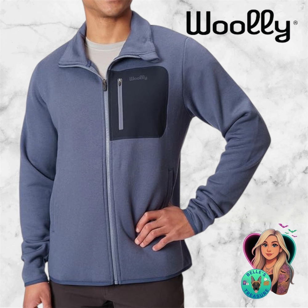 Woolly Clothing Co Mens Large‎ Merino Fleece Zip Crew Jacket Blue Pocket Soft
